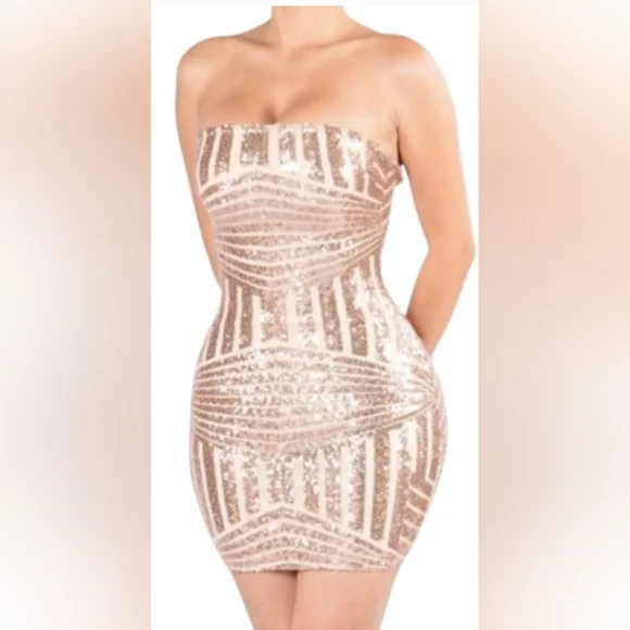 Fashion Nova Rose Gold Sequin Mini Dress Size L - Picture 4 of 5